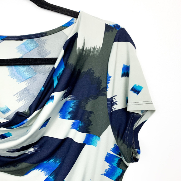 Grey Black & Blue Patterned Cowl Neck Blouse - Picture 2 of 9